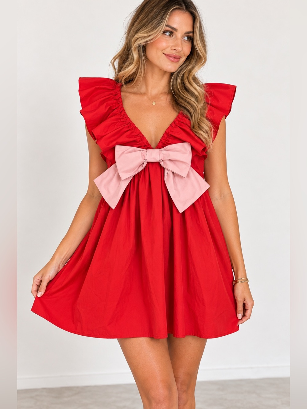 VICI All Wrapped Up Bow Babydoll Dress Red Pink Ruffle Mini Size M